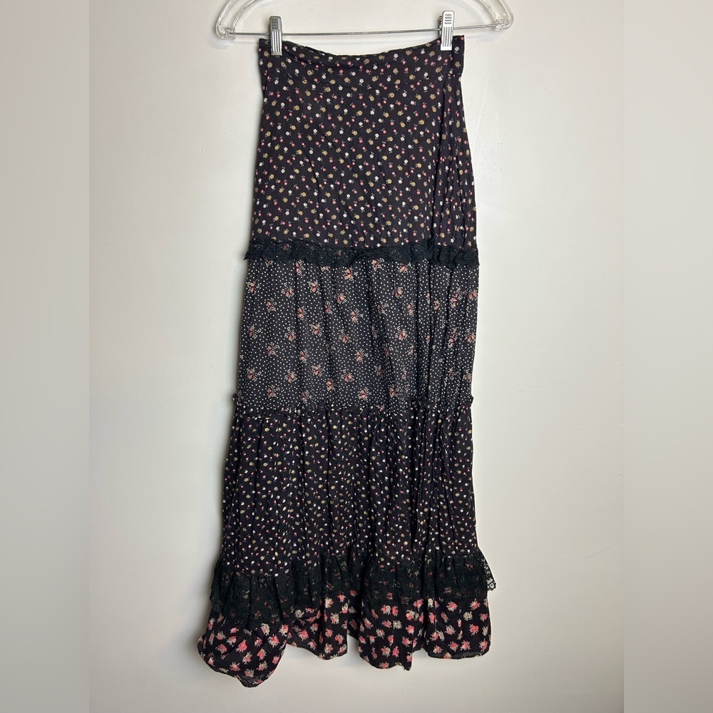 Vintage‎ 70s Jessica's Gunnies Floral Prairie Lace Flare Women's Maxi Skirt Sz 7